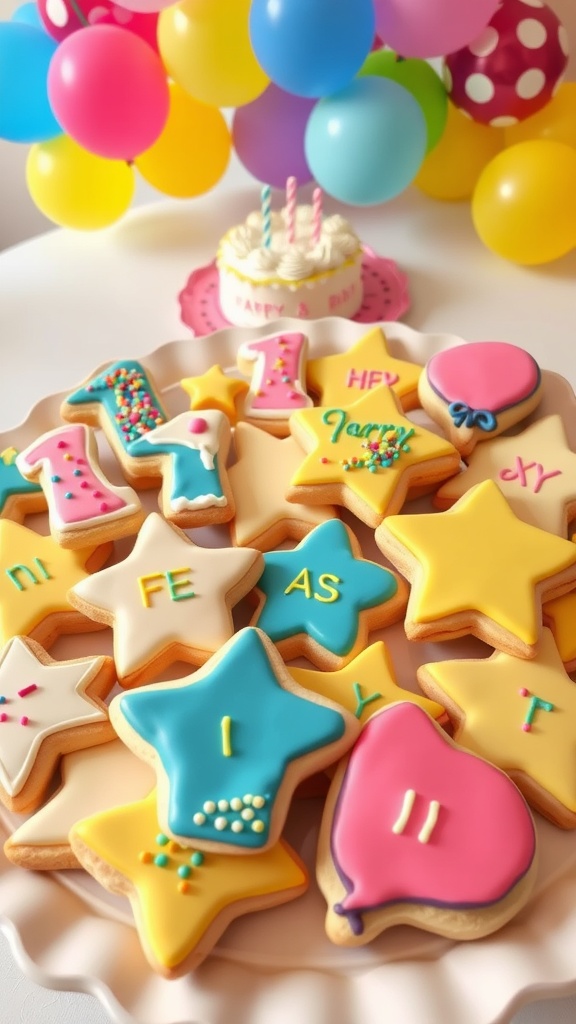 Decorated cookies shaped like balloons and stars on a birthday platter.
